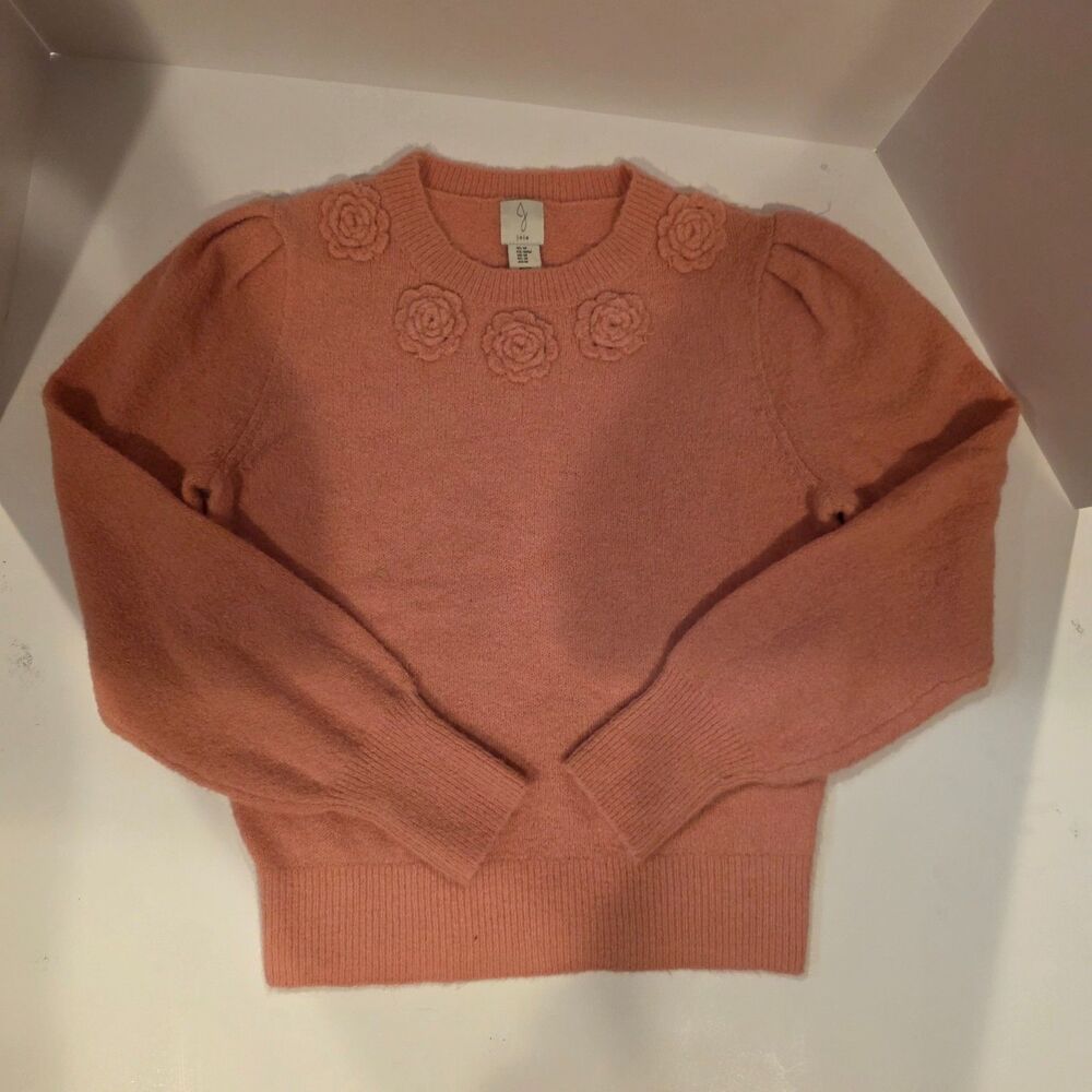 Joie 3D Rose Appliqué Knit Sweater Coral Pink Coquette Cottagecore